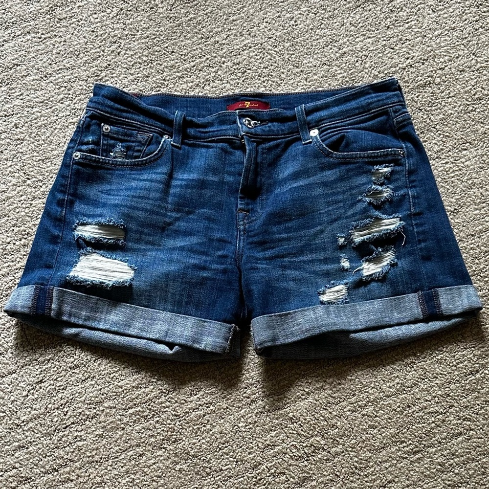 7 For All Mankind Dark Blue Distressed Jean Shorts